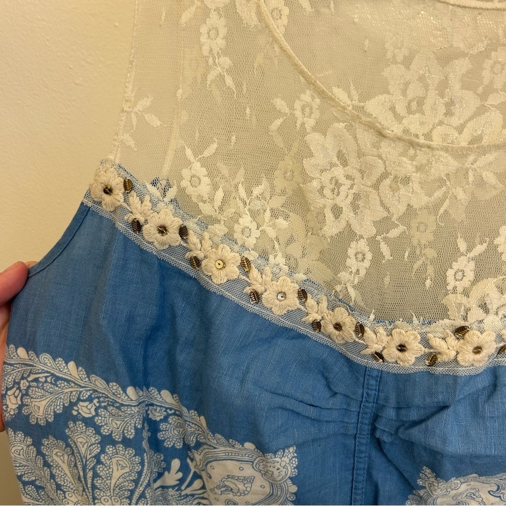 Vintage Free People Paisley Linen Blend Mini Shift Dress Blue White Size 12 - Picture 4 of 11